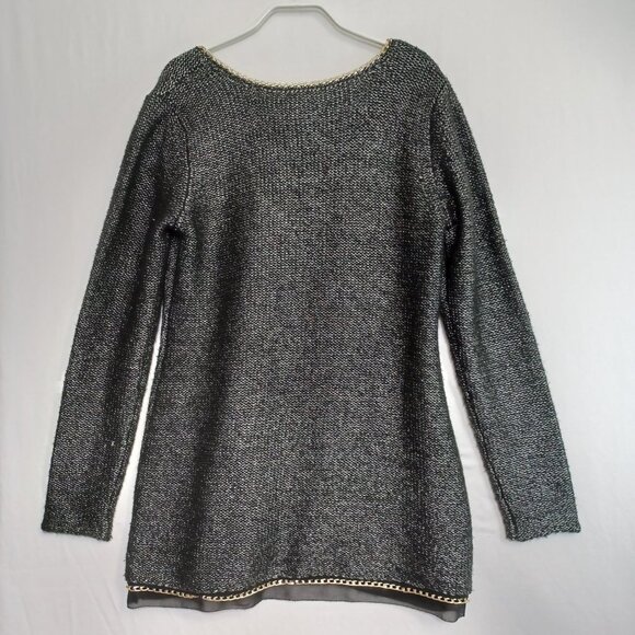 Soft Surroundings Sweater Black Metallic Gold Tone Chain Chiffon Hem Womens Med - Picture 8 of 9